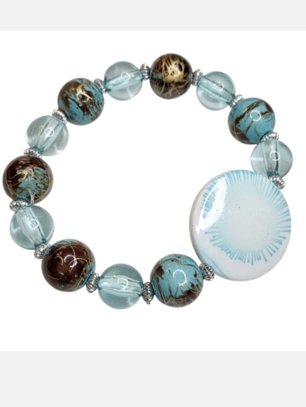 Handmade Coastal Beaded Stretch Bracelet Lampwork Style Ceramic & Acrylic Beads